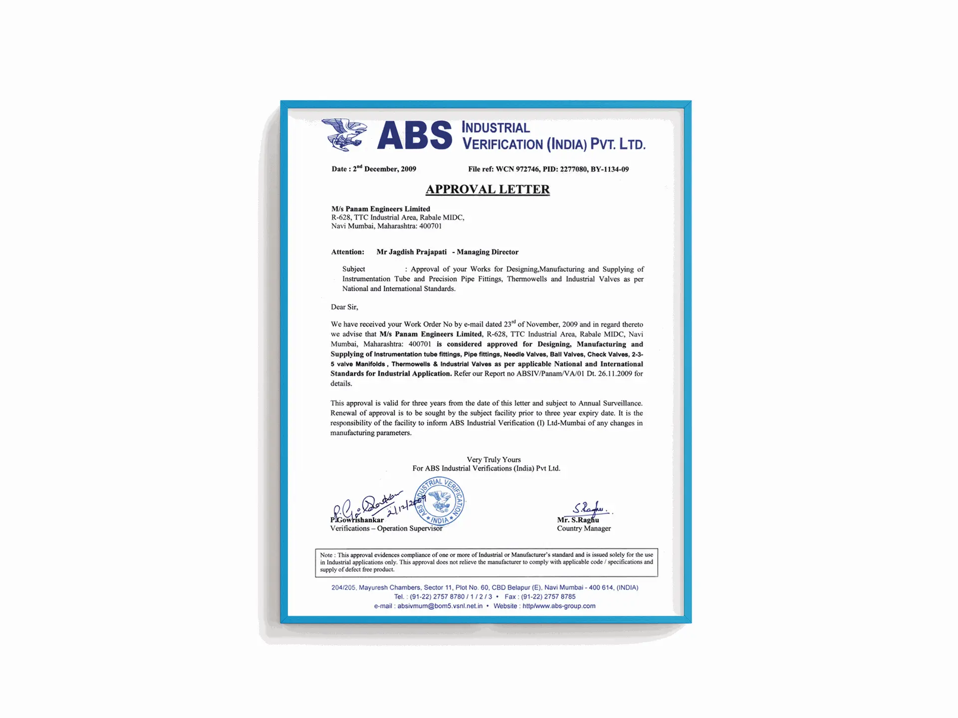 MFG. Facility Approval Letter From ABS Industrial
